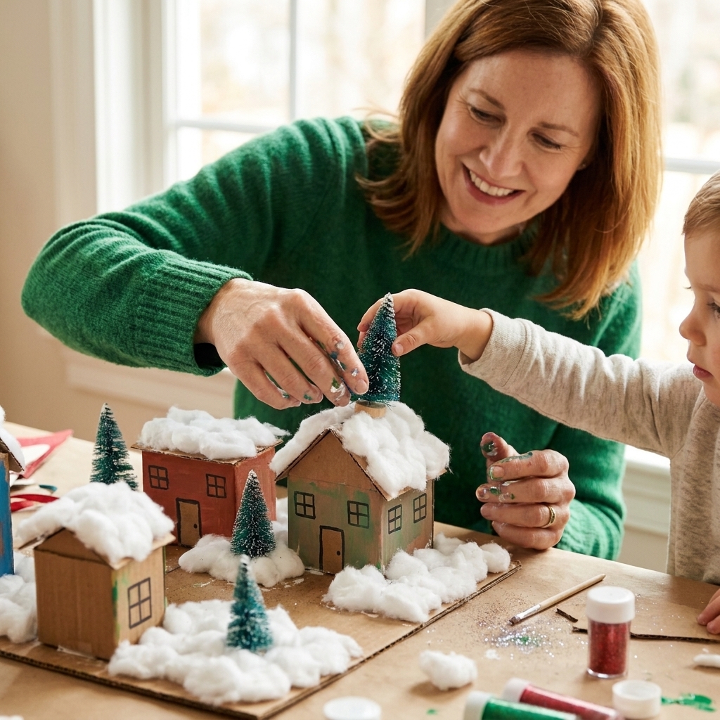 A tabletop cardboard holiday village in progress with small painted box houses, cotton ball snow, and children’s hands placing miniature trees