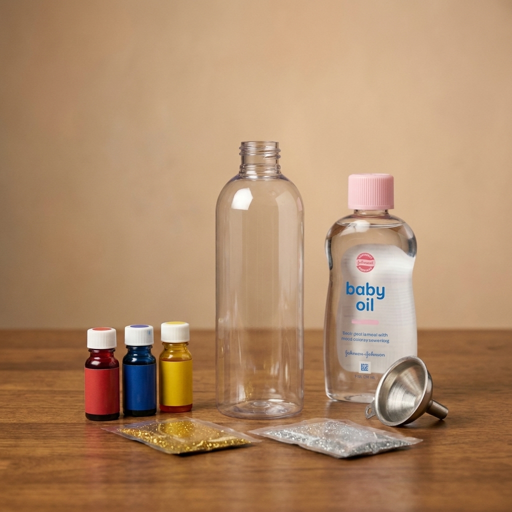 A tabletop photo of a plastic bottle, baby oil, food coloring, glitter, and a small funnel arranged for making sensory bottles