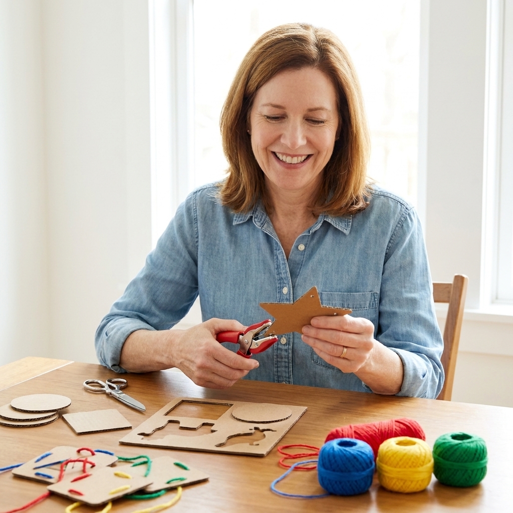 A tabletop scene with cardboard shapes, a hole punch, scissors, and colorful yarn prepared for making lacing cards