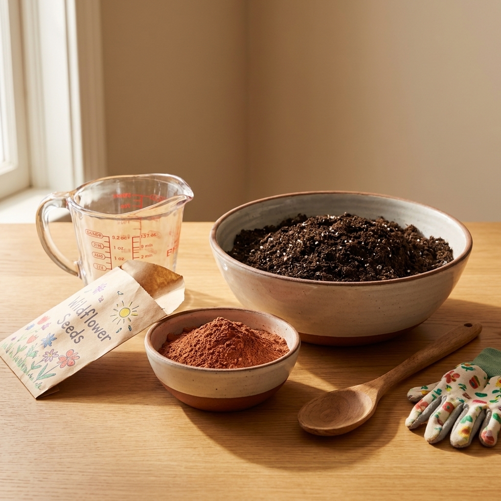 A tabletop setup with a bowl of potting soil, a bowl of clay powder, a packet of wildflower seeds, and a measuring cup ready for a kids craft