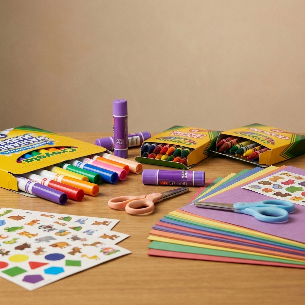A tabletop view of basic kids craft supplies including washable markers, crayons, glue sticks, kid scissors, construction paper, and stickers