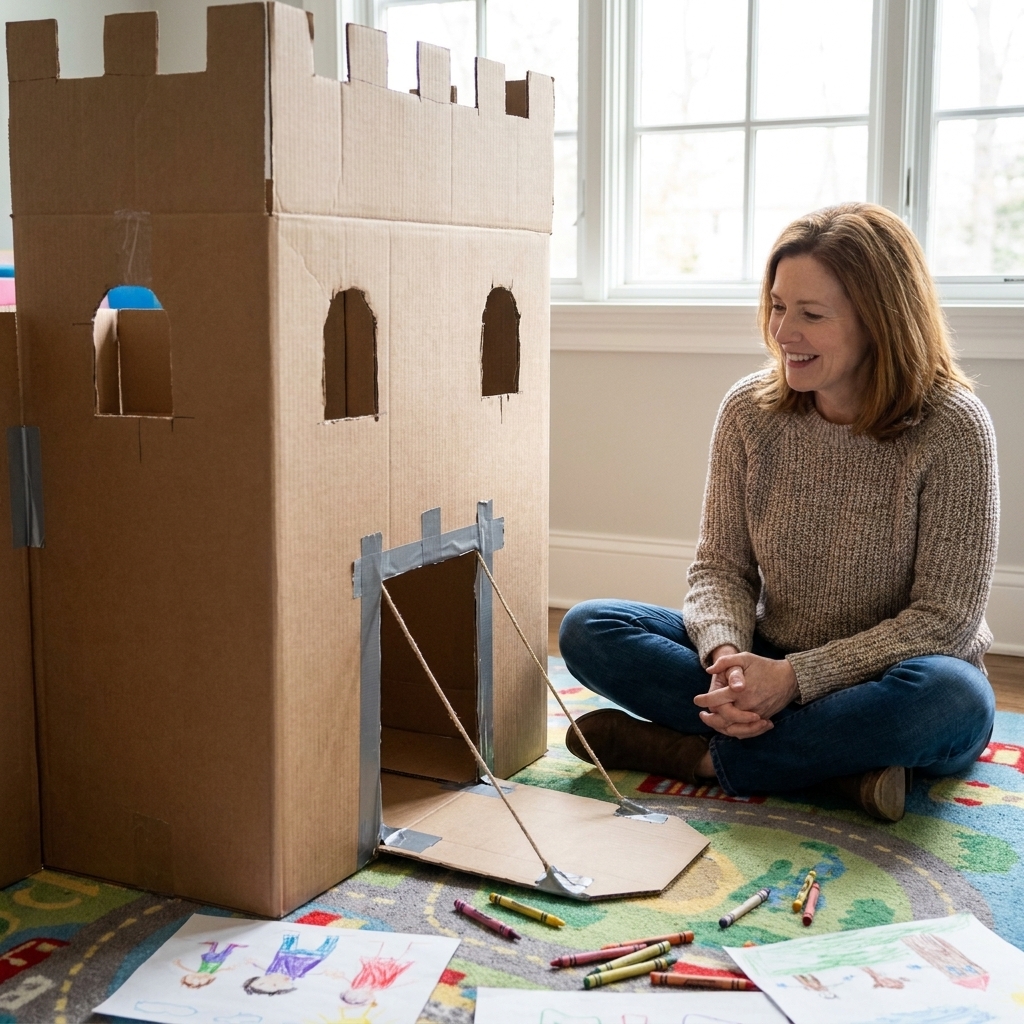 A tall cardboard box castle fort with cut-out windows and a taped drawbridge sitting on a playroom rug