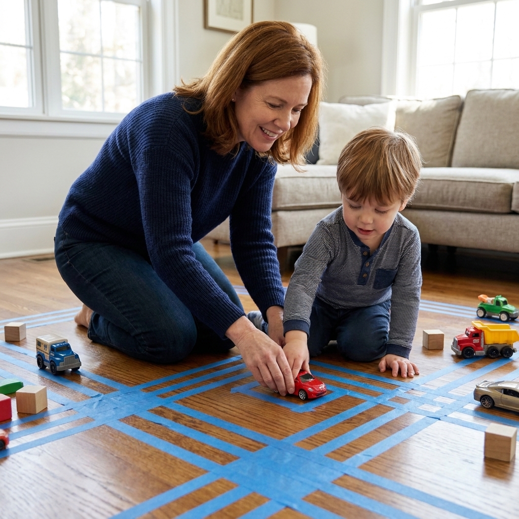 A taped road layout on a living room floor with toy cars and a preschool child kneeling to park a car in a taped space