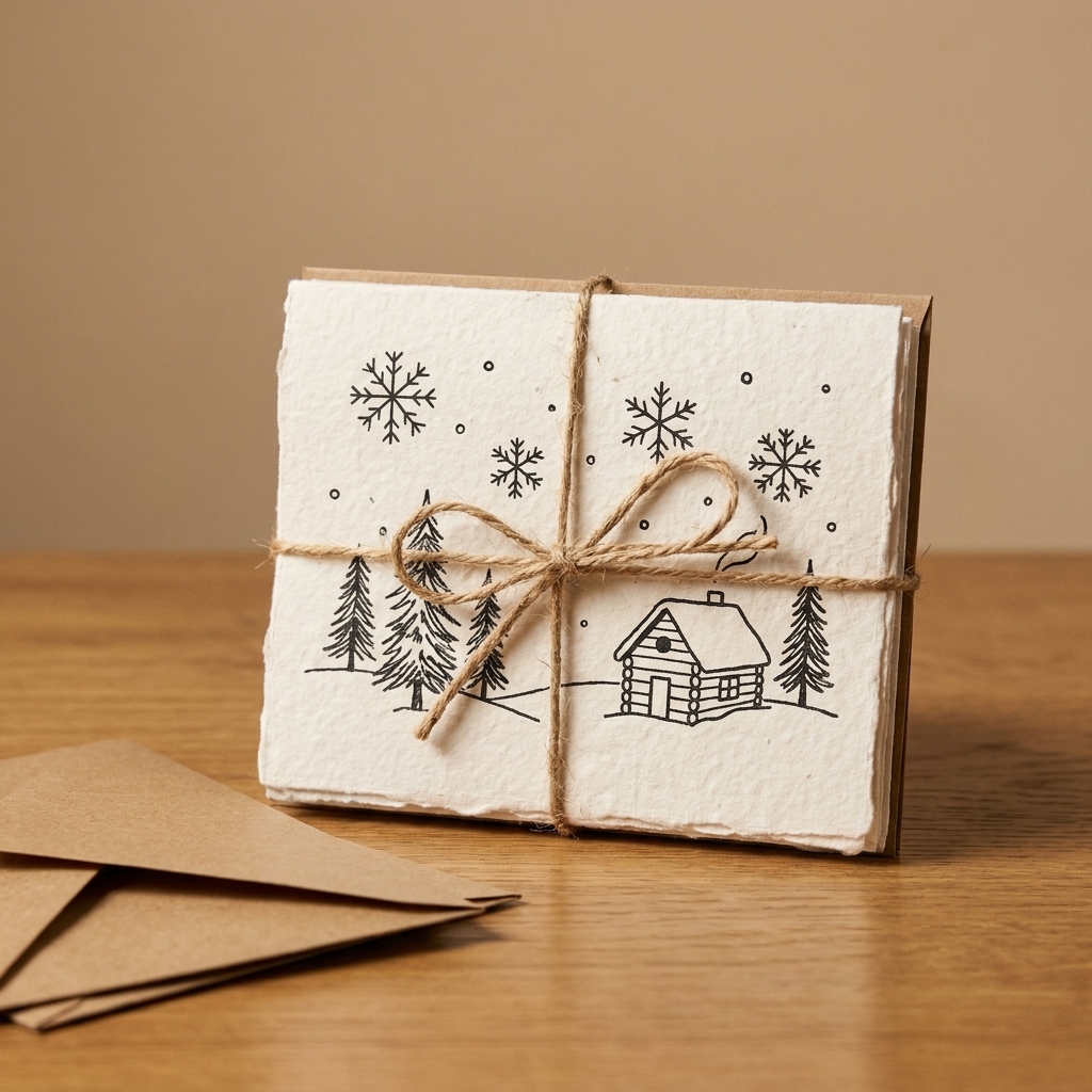 A tied bundle of small handmade greeting cards with simple winter doodles next to a few plain envelopes