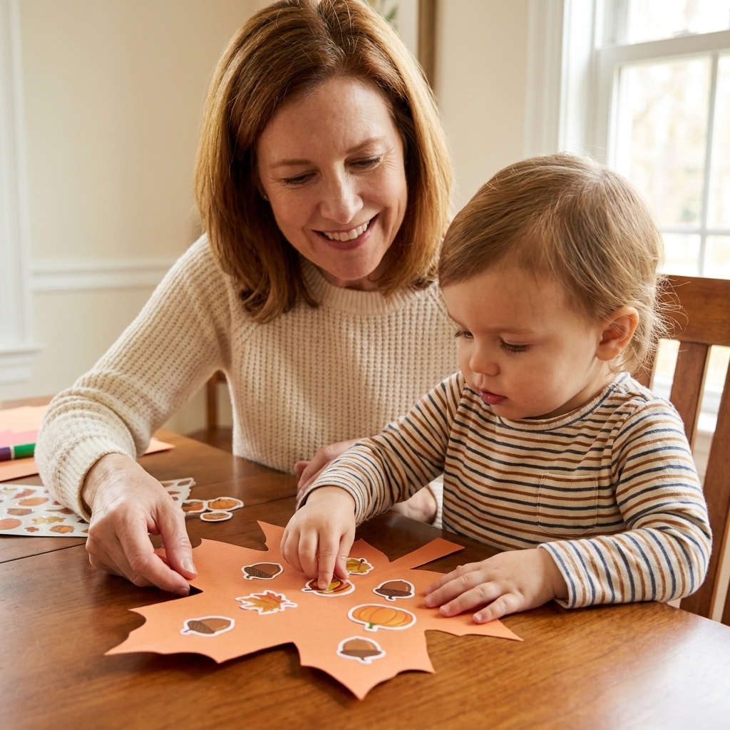 A toddler at a dining table pressing fall-themed stickers onto a large paper leaf while an adult holds the leaf steady