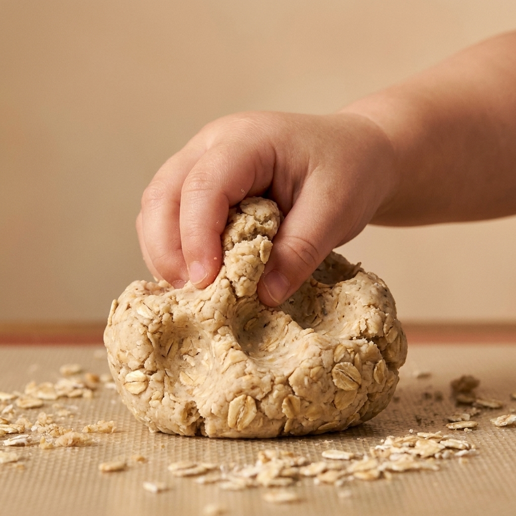 A toddler hand squeezing textured oatmeal playdough on a washable mat with scattered oats visible