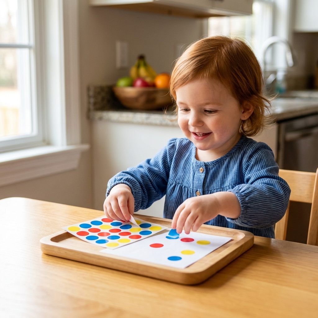 A toddler peeling colorful dot stickers and placing them onto a sheet of paper on a tray at a bright kitchen table