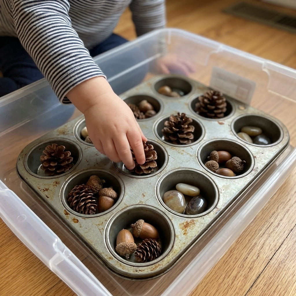 A toddler’s hands sorting small pinecones, acorns, and smooth stones into a metal muffin tin placed inside a shallow plastic bin