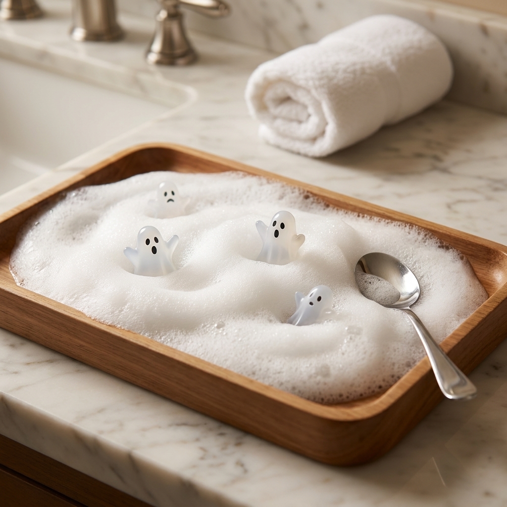 A tray of thick white soap foam with small plastic ghosts and a spoon, set on a bathroom counter for sensory play