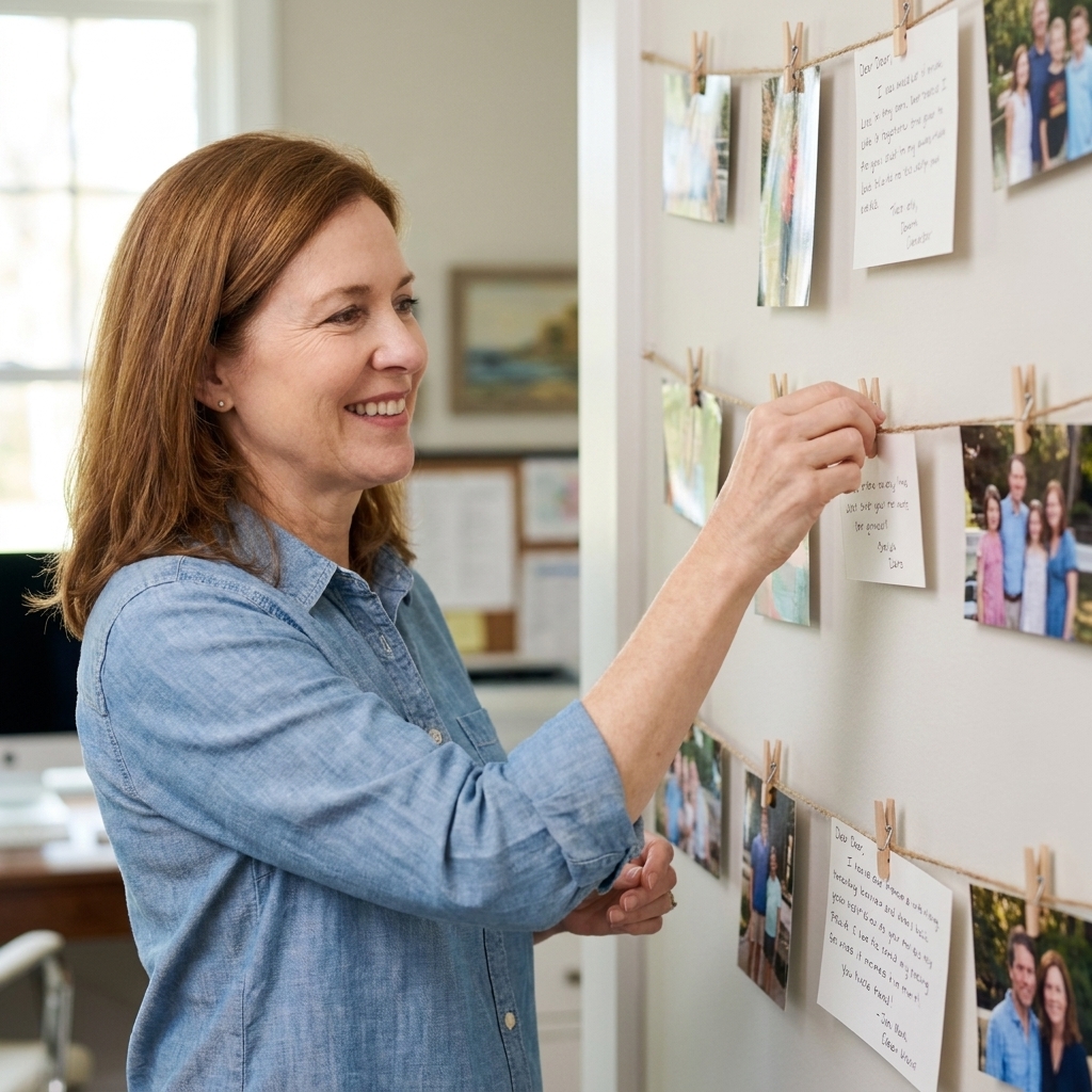 A wall display with rows of twine and mini clothespins holding photos and notes