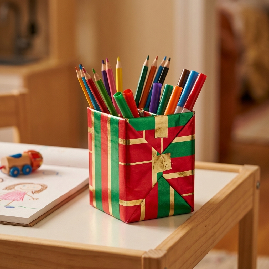 A wrapped cereal-box desk organizer covered in festive paper holding pencils and markers on a child’s desk