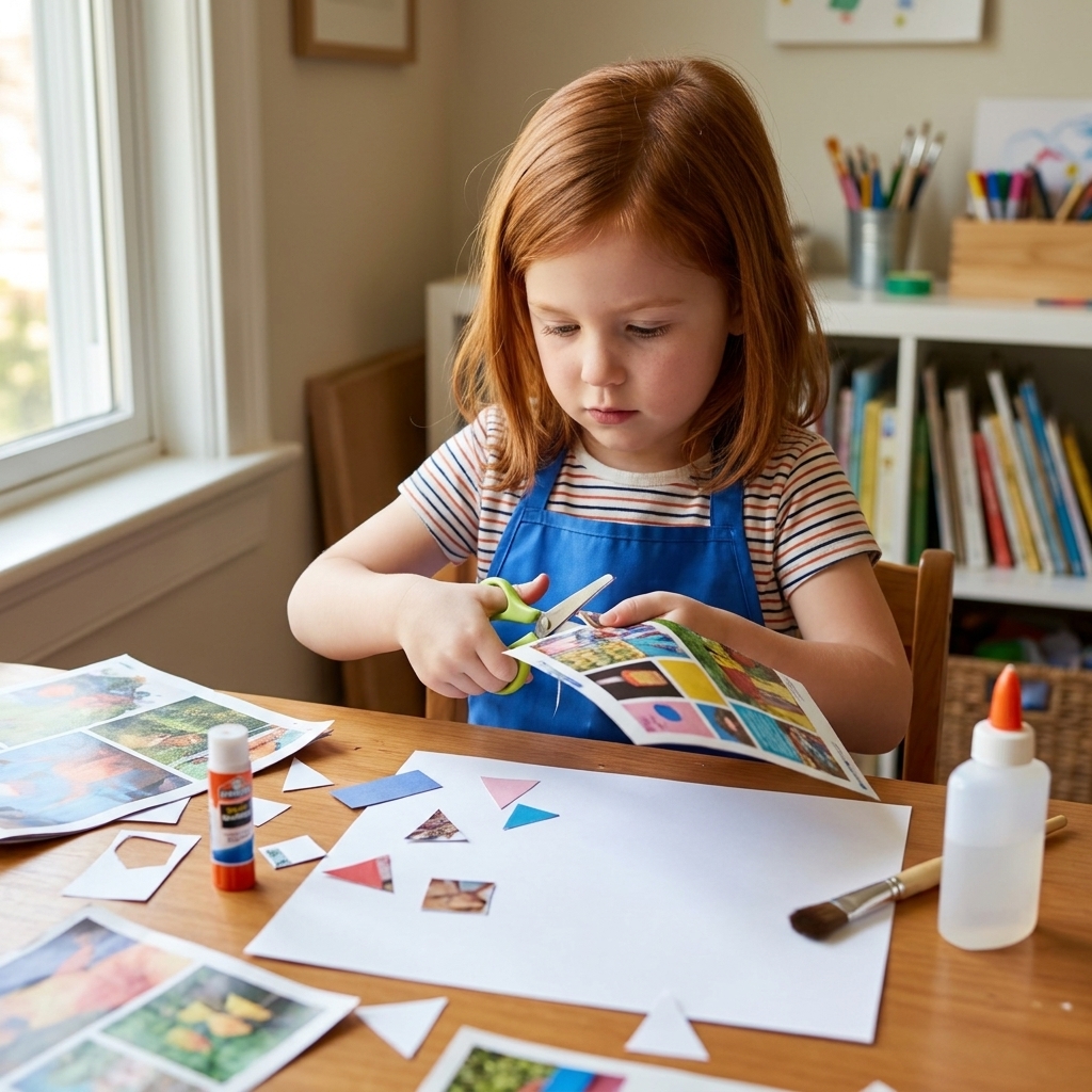 A young child cutting a colorful magazine page into simple shapes at a table with glue and paper set out for a collage