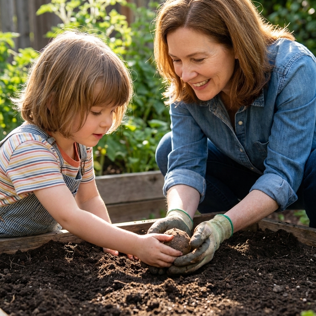 An adult and child pressing a small seed bomb into loose soil in a backyard garden bed