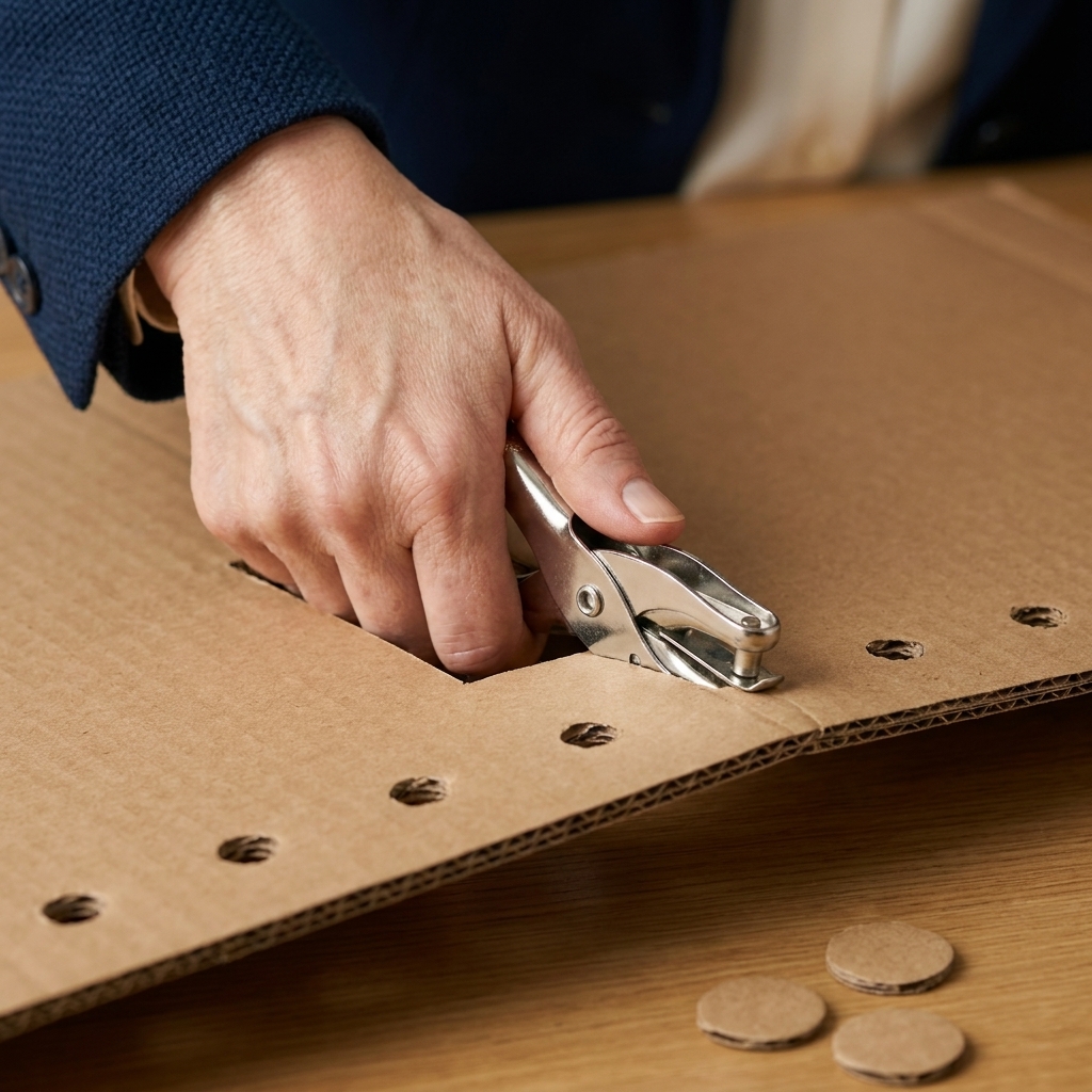 An adult hand using a single-hole punch on thick cardboard to create evenly spaced holes