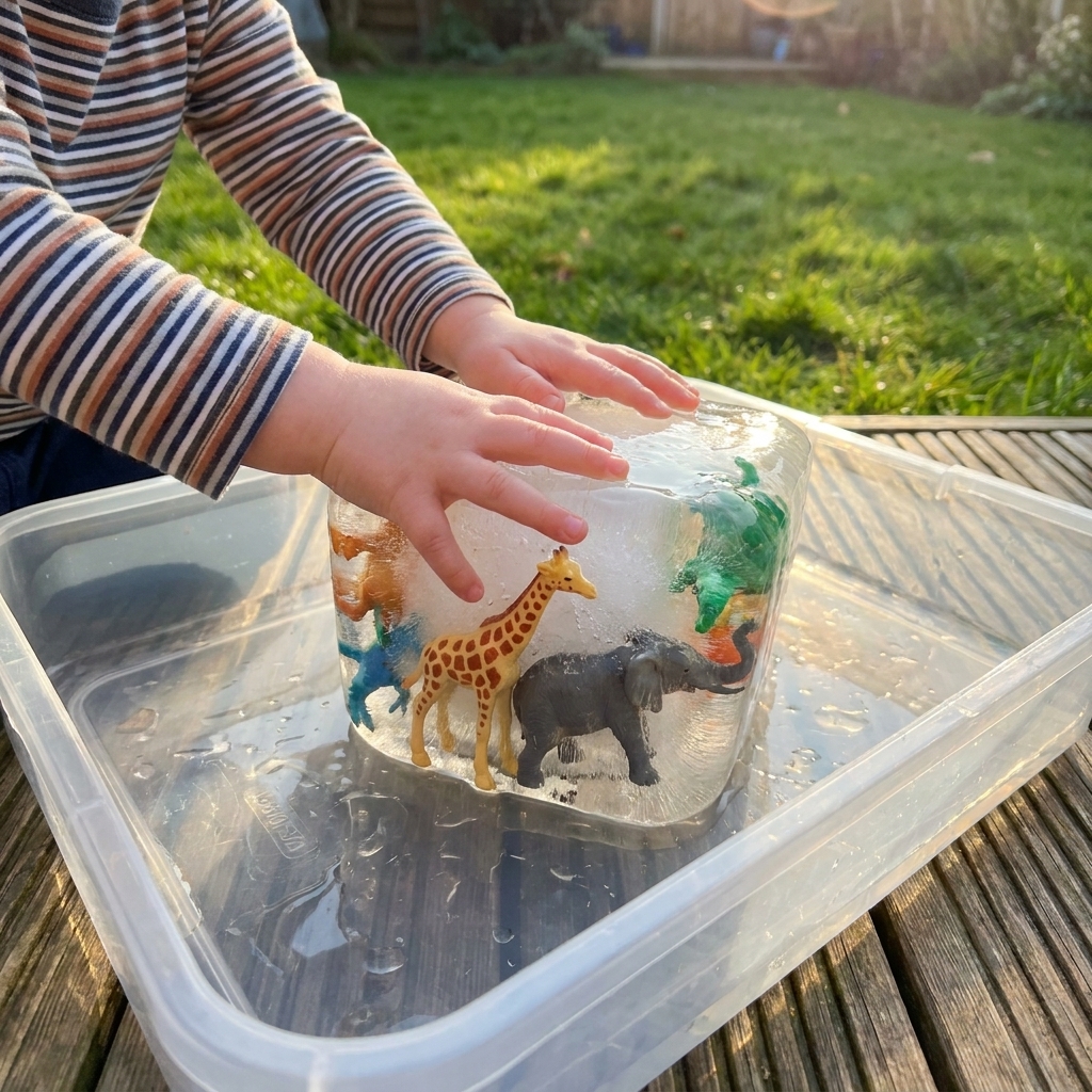 Child hands melting a large ice block in a shallow bin outside, with small plastic animal toys visible inside the ice
