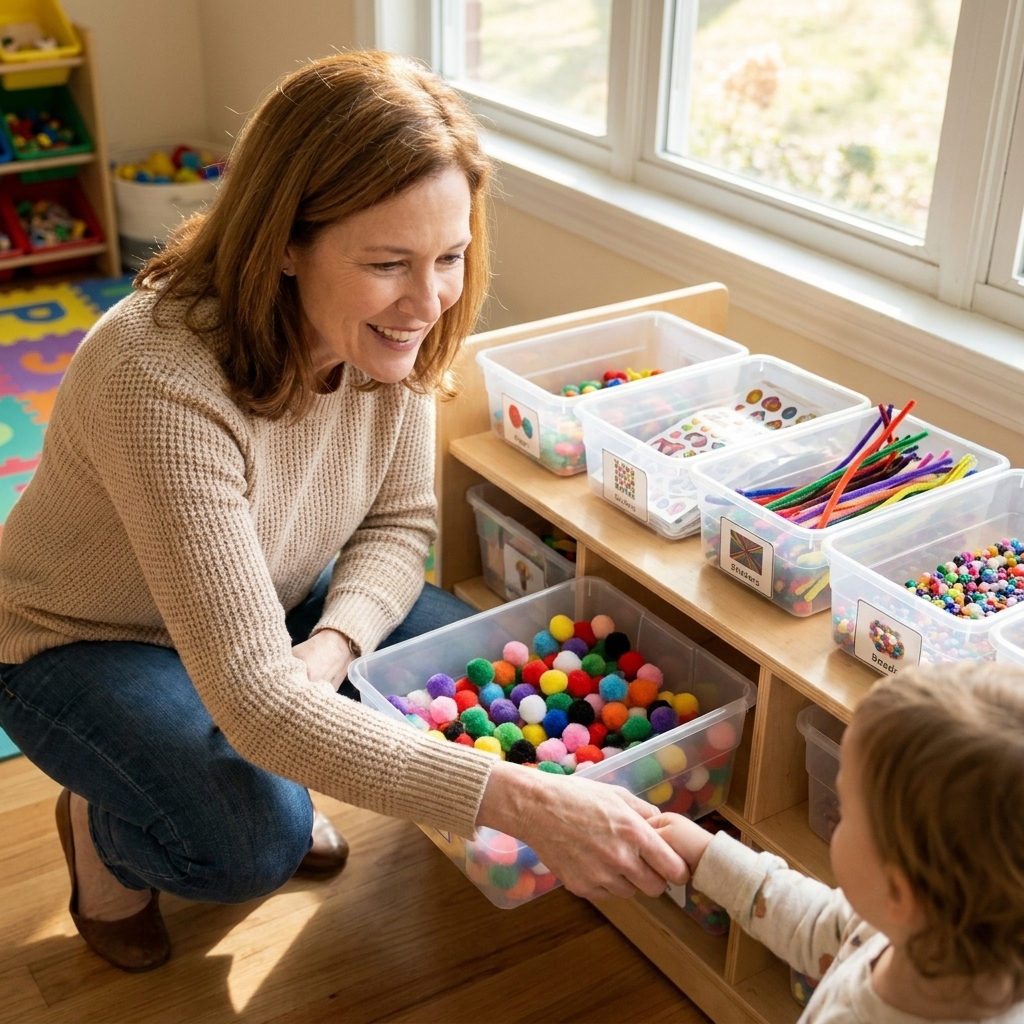 Clear plastic bins on a low shelf holding craft supplies like pom poms, pipe cleaners, and stickers, each bin easy for small hands to pull out