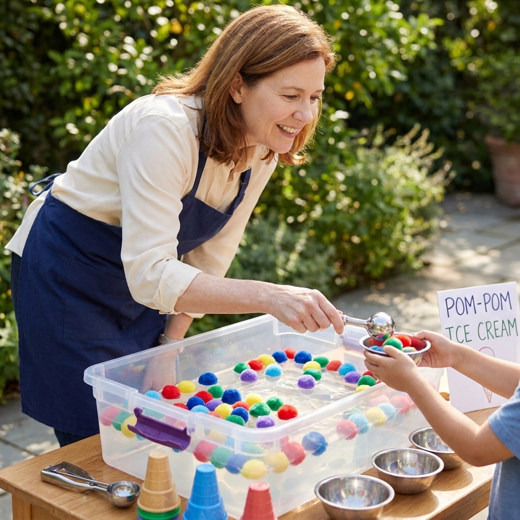 Colorful pom-poms floating in a water sensory bin with small bowls and a scoop, set up like a pretend ice cream shop outdoors