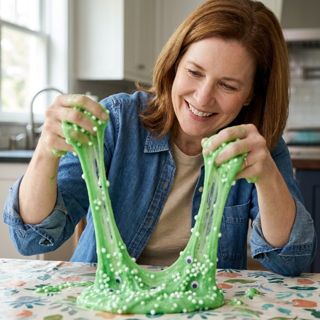 Green slime stretched between two hands with foam beads and googly eyes mixed in, photographed on a washable table cover