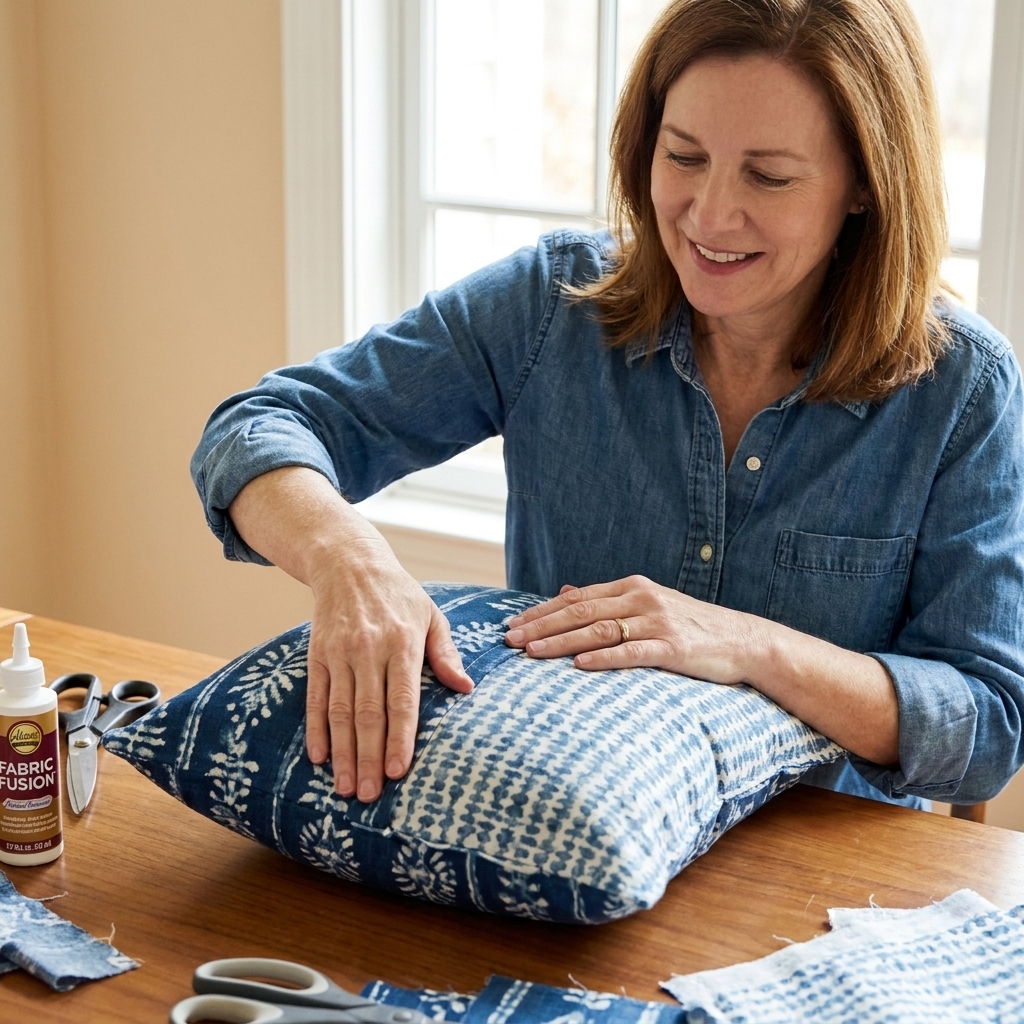 Hands pressing two pieces of fabric together to form a simple pillow cover with fabric glue nearby
