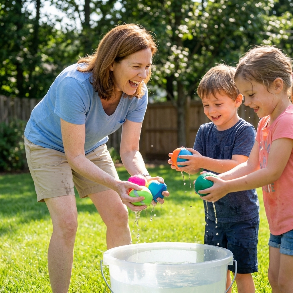 Kids holding colorful reusable water splash balls over a bucket of water on a lawn