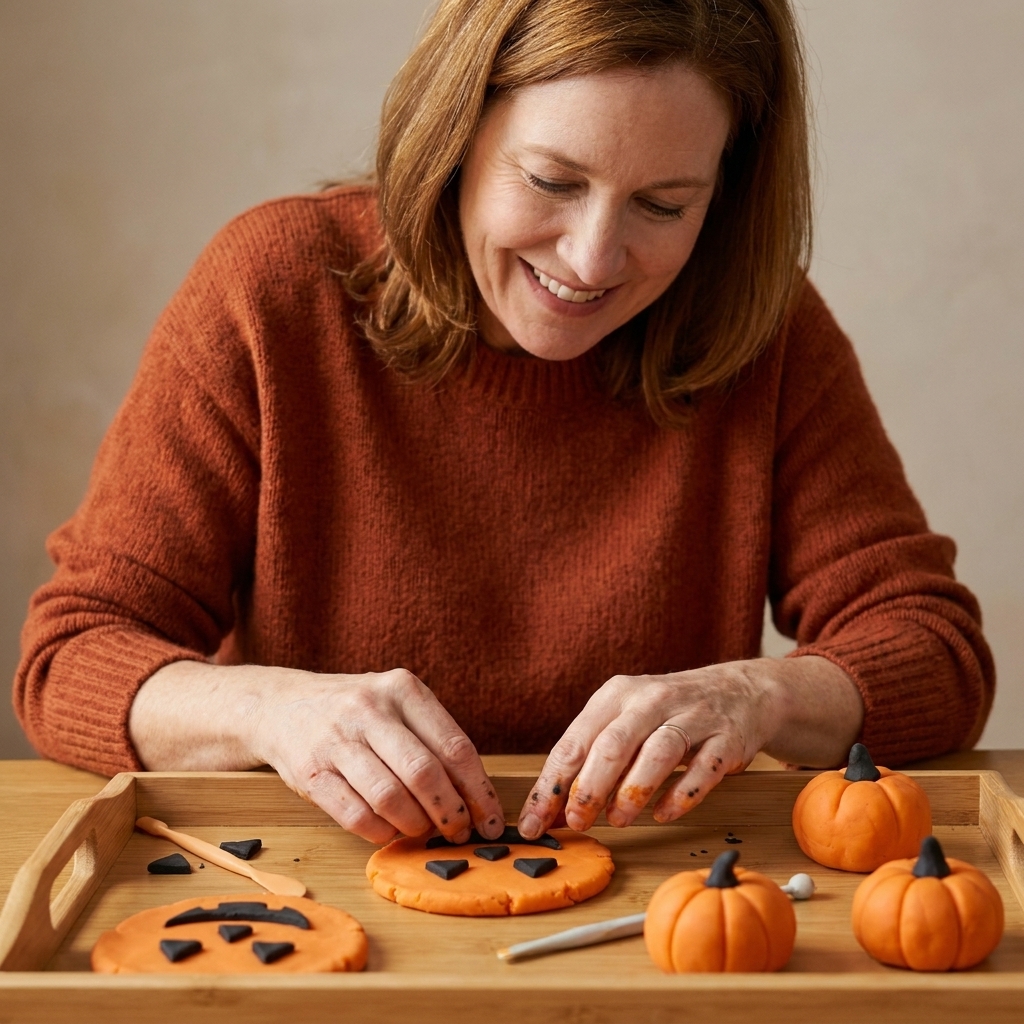 Orange playdough flattened into small circles with black playdough pieces arranged as jack-o'-lantern faces on a tray