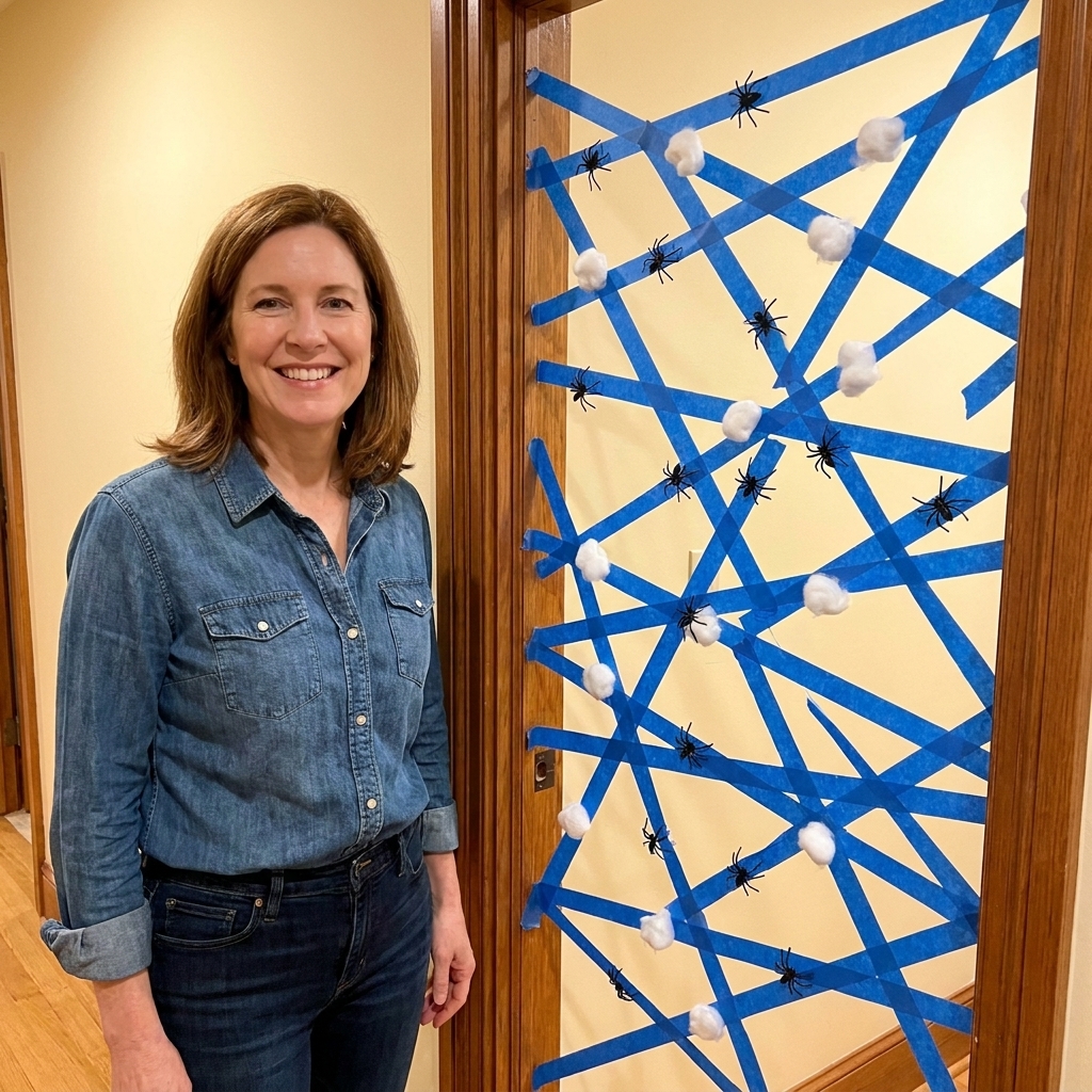 Painter's tape crisscrossed on a doorway to form a sticky web, with plastic spiders and cotton balls stuck to it