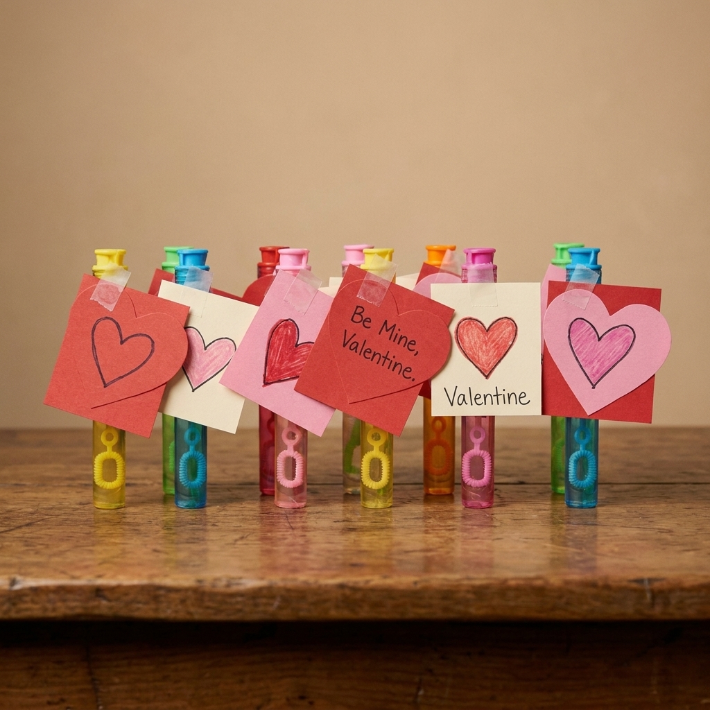 Several mini bubble wands lined up on a table, each with a small handmade valentine tag attached with tape