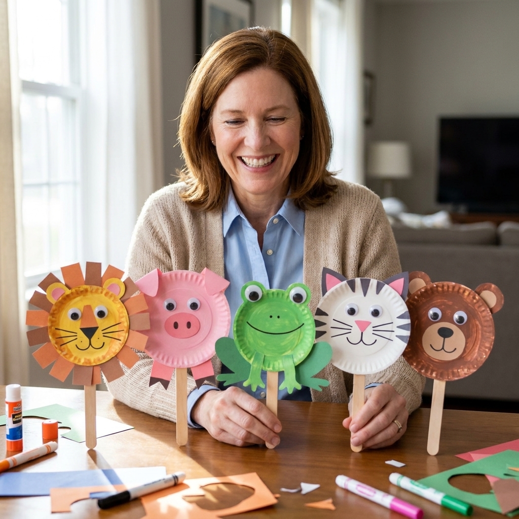 Several paper plate animal faces attached to wooden craft sticks, arranged like simple puppets on a table