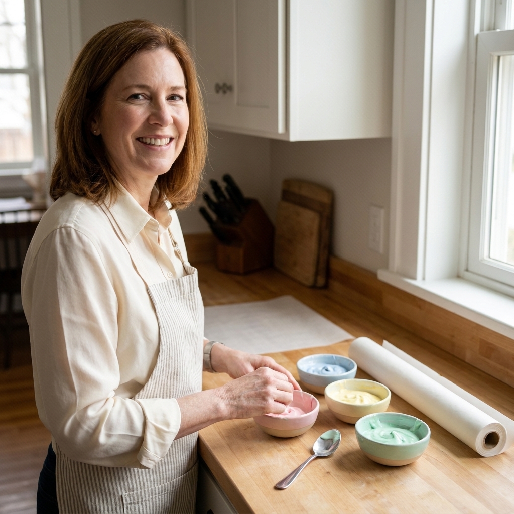 Small bowls of taste-safe finger paint in soft pastel colors on a kitchen counter next to a spoon and a roll of parchment paper