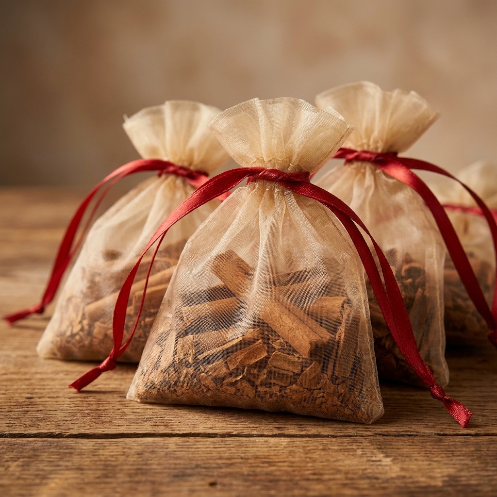 Small organza sachet bags filled with a cinnamon mixture tied closed with ribbon on a tabletop