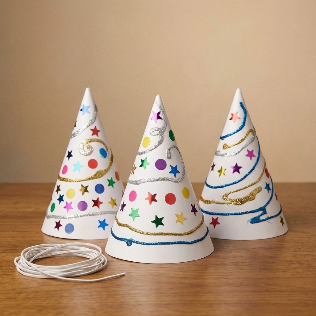 Three handmade cone party hats decorated with stickers and glitter glue sitting on a table next to elastic cord