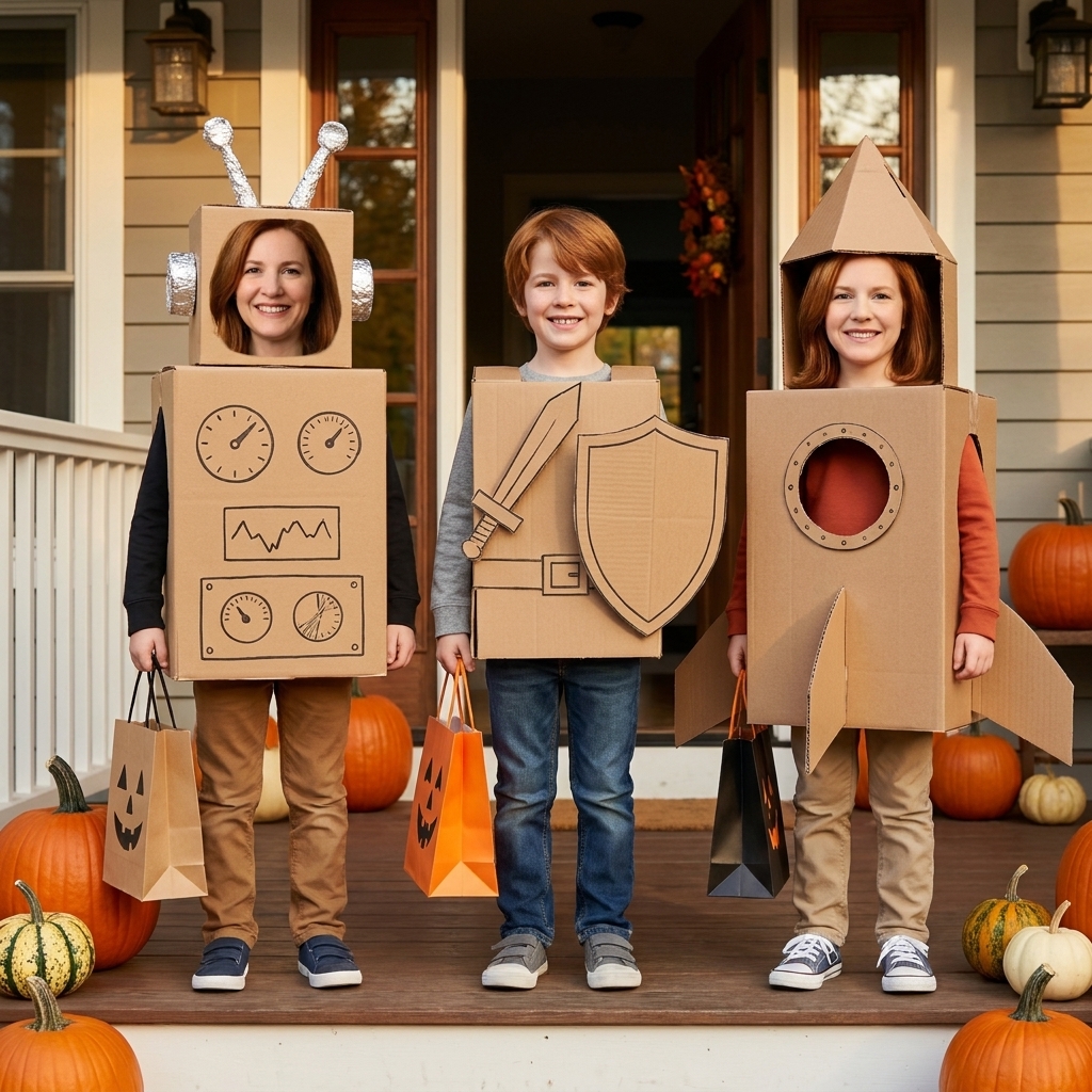 Three kids wearing different homemade cardboard box costumes on a front porch with pumpkins, ready for Halloween trick-or-treating
