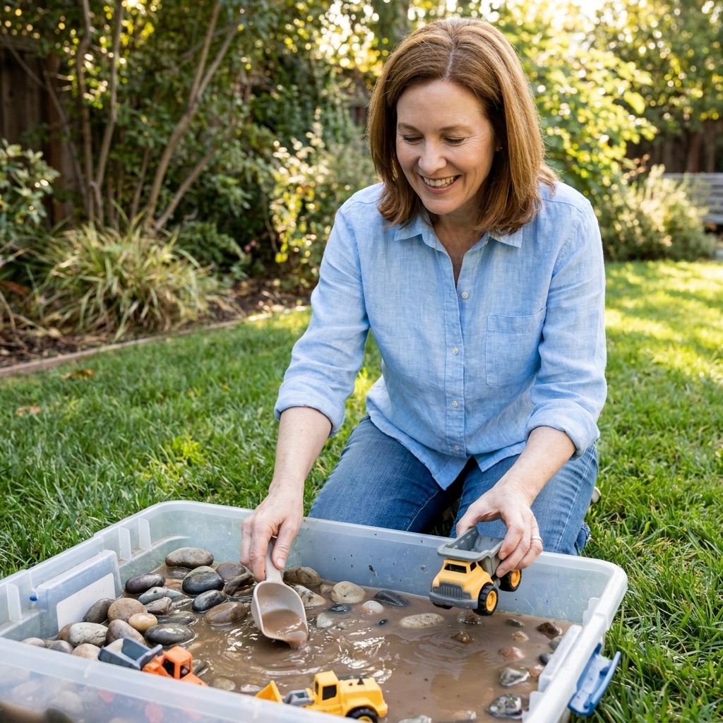 Toy construction trucks in a water sensory bin with smooth rocks and scoops set up on grass in a backyard