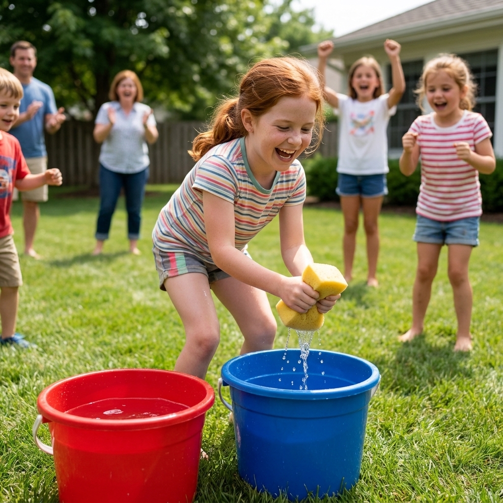 Two buckets set on grass with a child squeezing a wet sponge into the empty bucket during a backyard relay