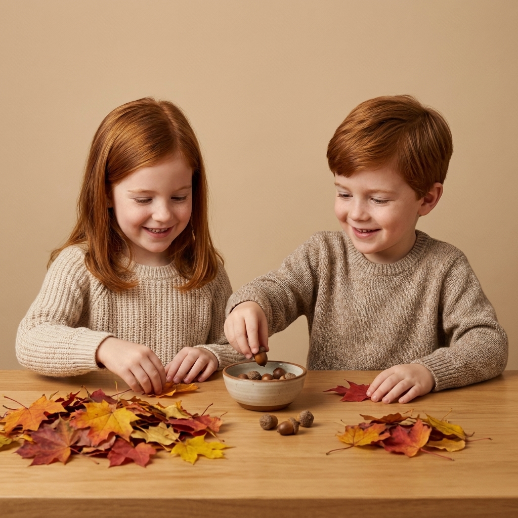 Two children at a kitchen table sorting colorful fall leaves into piles and counting acorns into a small bowl during a hands-on math activity