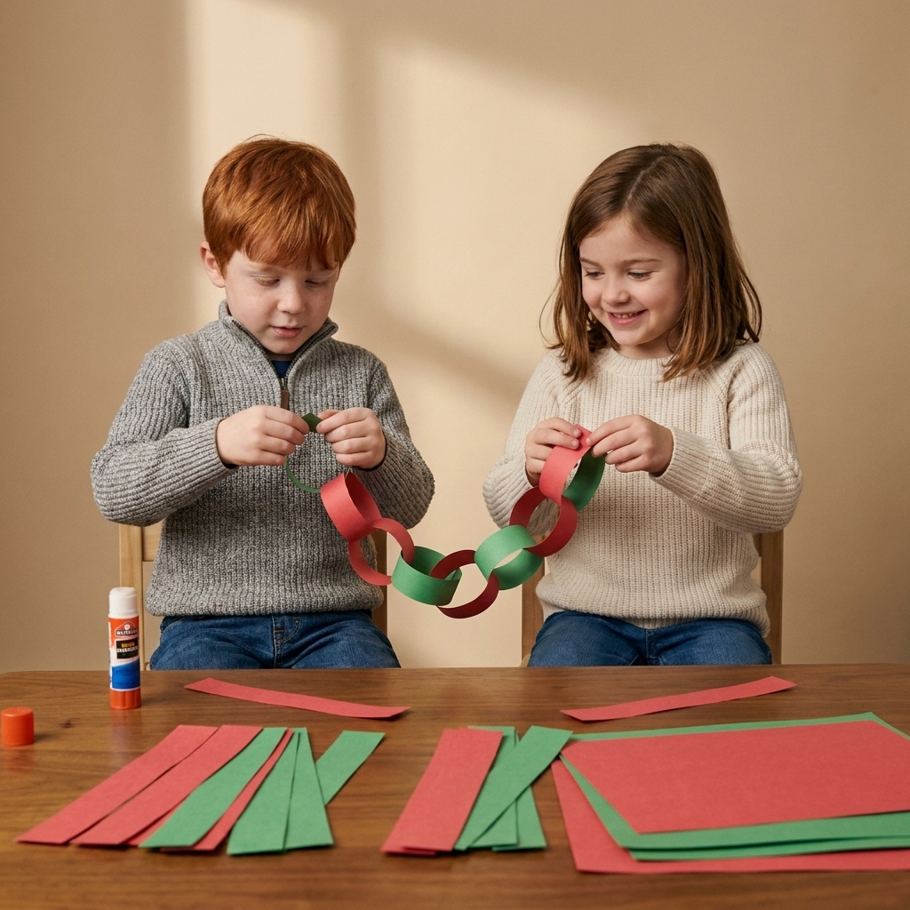 Two children making a colorful paper chain garland at a table with strips of red and green paper and a glue stick