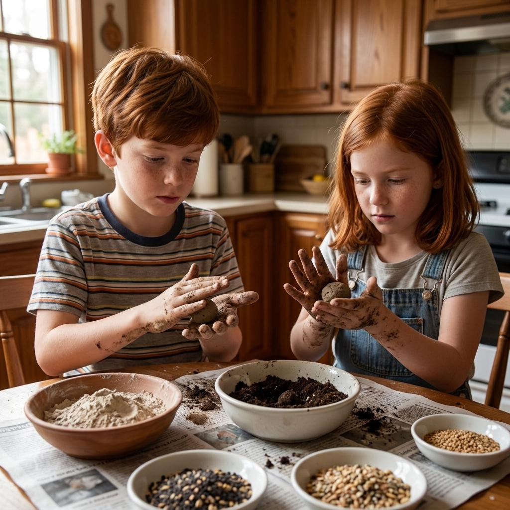 Two children rolling small clay-and-soil seed bombs between their palms at a kitchen table