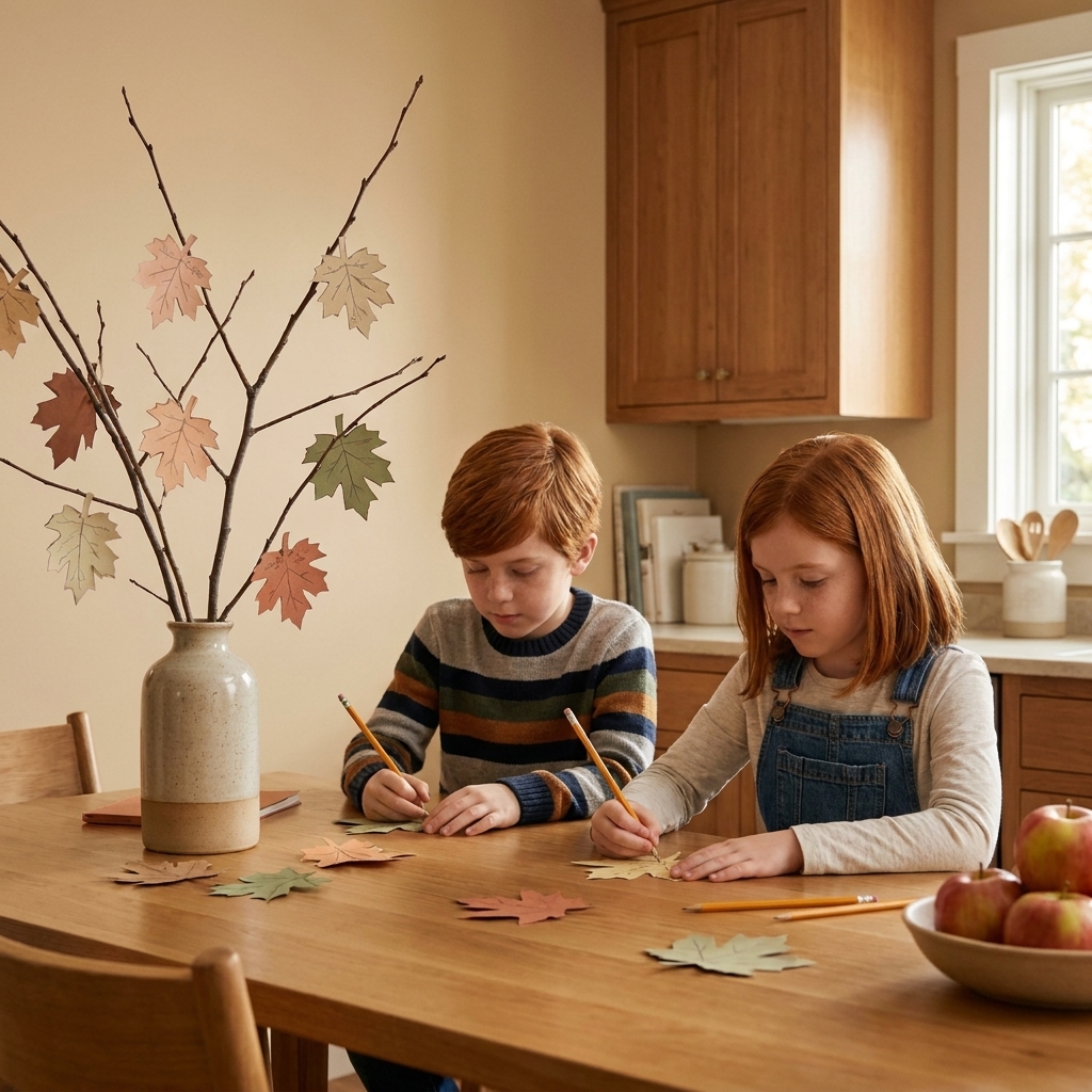 Two elementary-aged children sitting at a kitchen table writing thankful messages on paper leaf cutouts with pencils, with a branch tree in a vase nearby