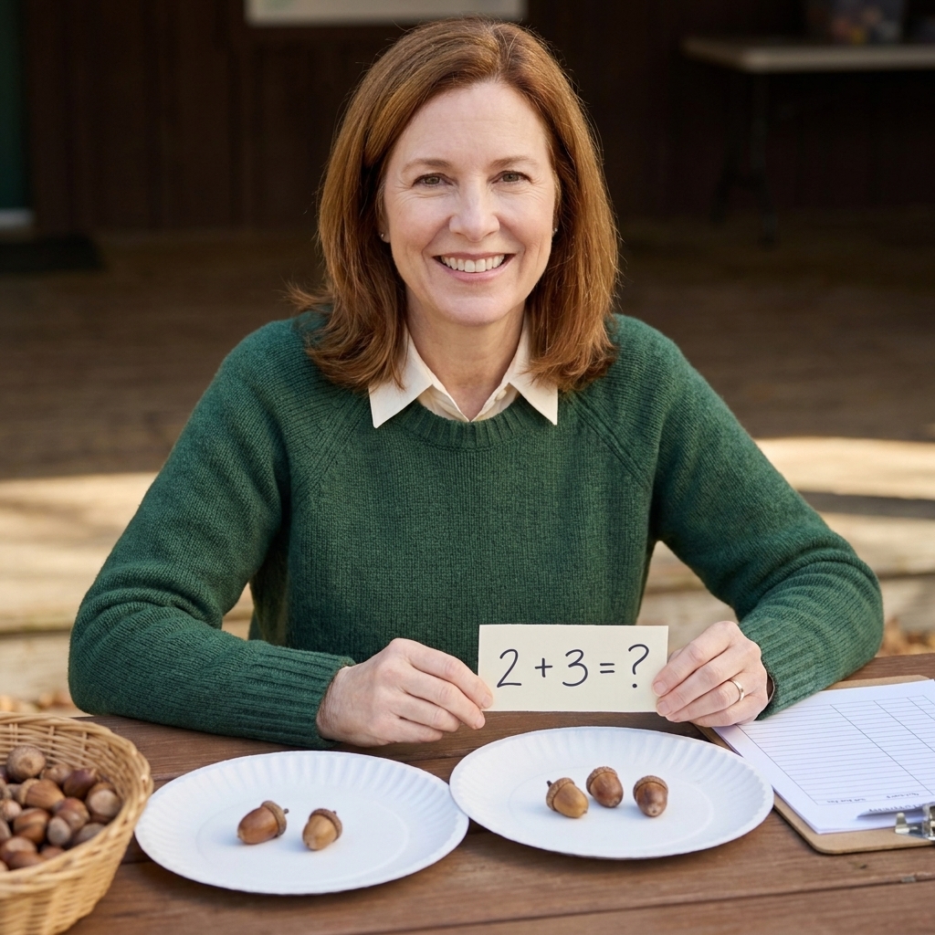 Two paper plates on a table with small groups of acorns on each plate, ready to be combined for a simple addition activity