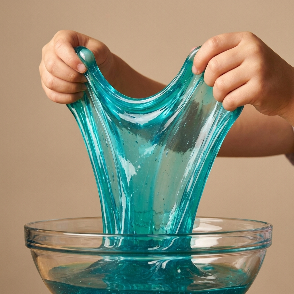 Two small hands stretching a smooth, glossy slime above a bowl