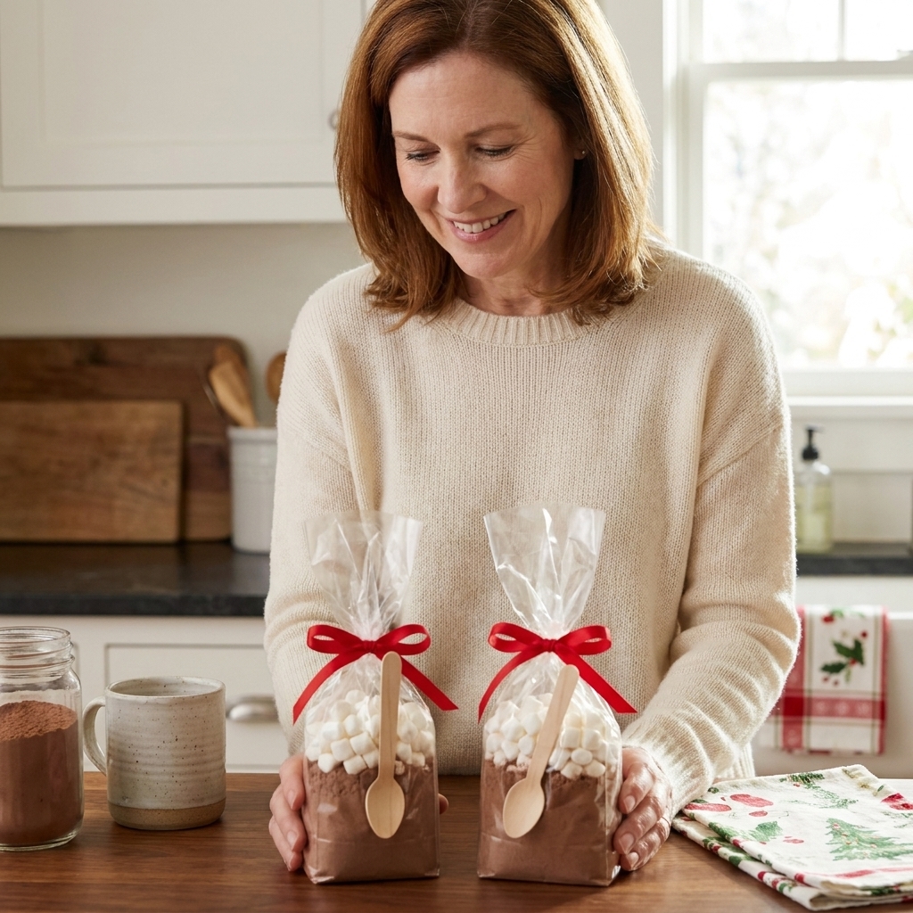 Two small treat bags filled with cocoa mix and mini marshmallows with spoons inside, tied with ribbon on a kitchen counter