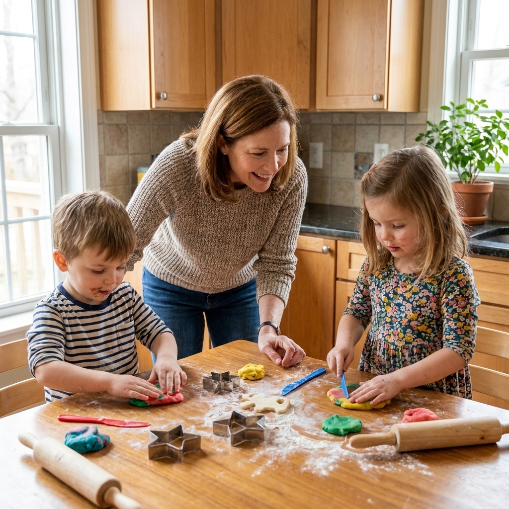 Two young children sitting at a kitchen table shaping playdough with cookie cutters while an adult supervises nearby